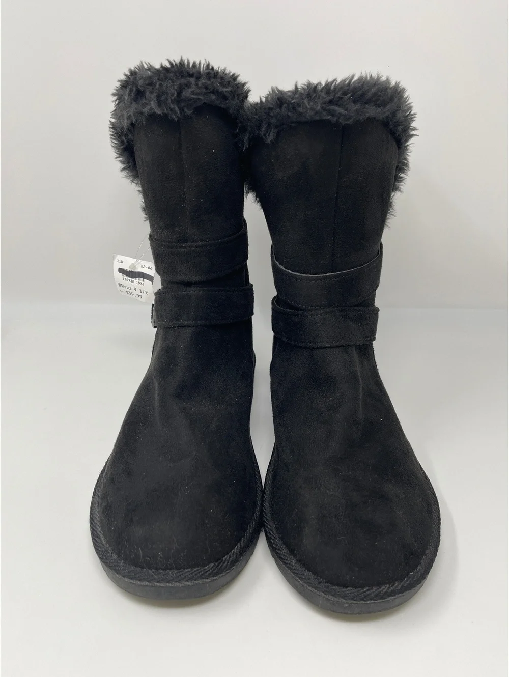 Airwalk Womens Size 9.5 Black Suede Faux Fur Trim Double Buckle Winter Boots